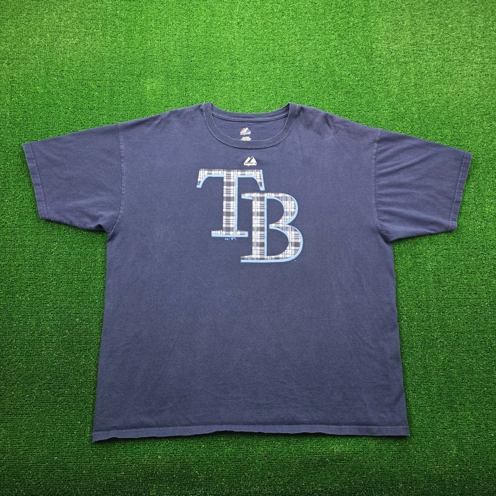 Tampa Bay Rays Majestic Plaid Monogram Graphic Tshirt Mens 2XL Blue MLB Baseball